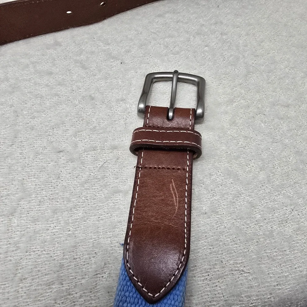 Sea island Peter Millar Golf Belt Men 38 Blue Brown Leather Canvas USA Made